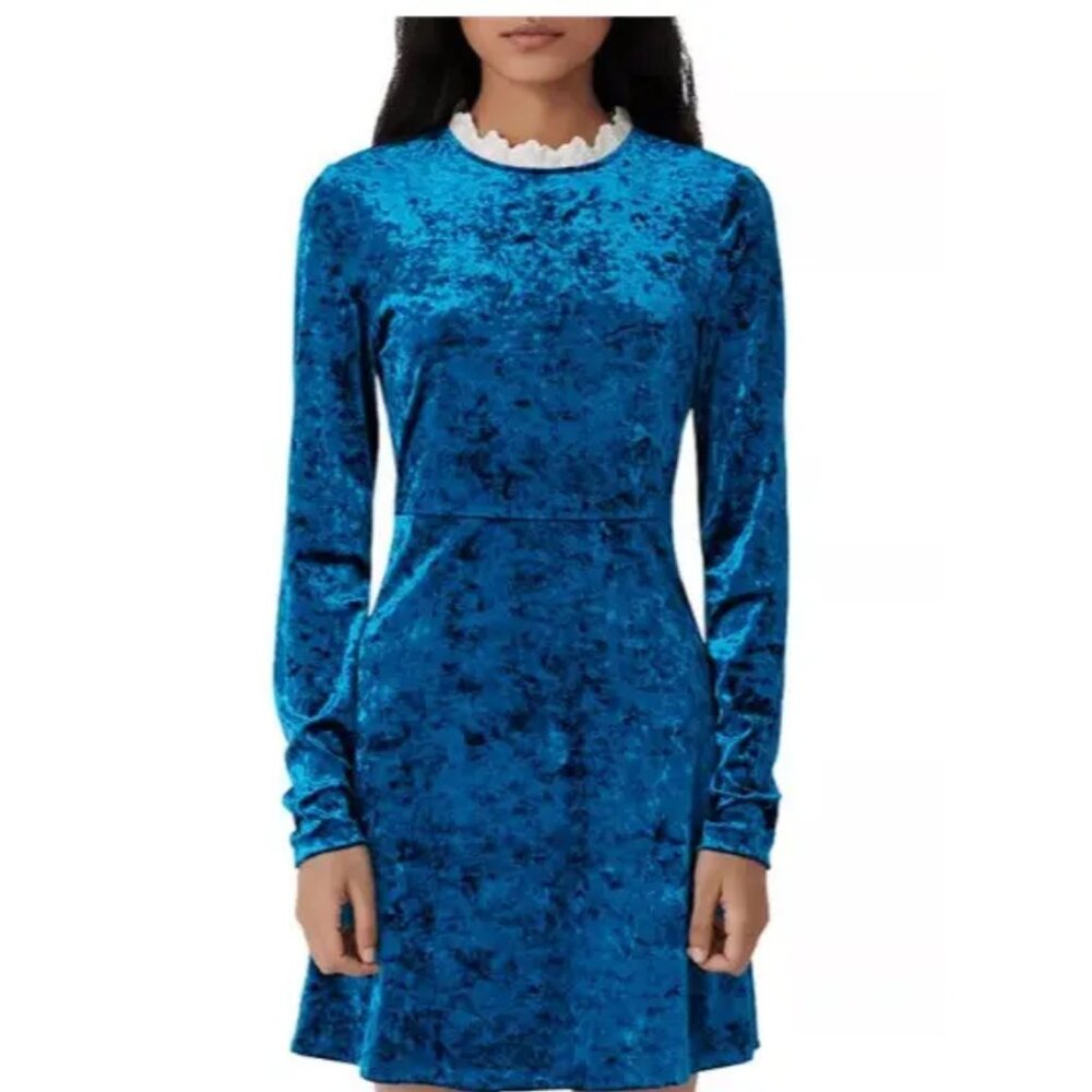 NWT Maje Randy Crushed Velvet Mini Dress Royal Blue Lace Trim Collar M (FR 38)